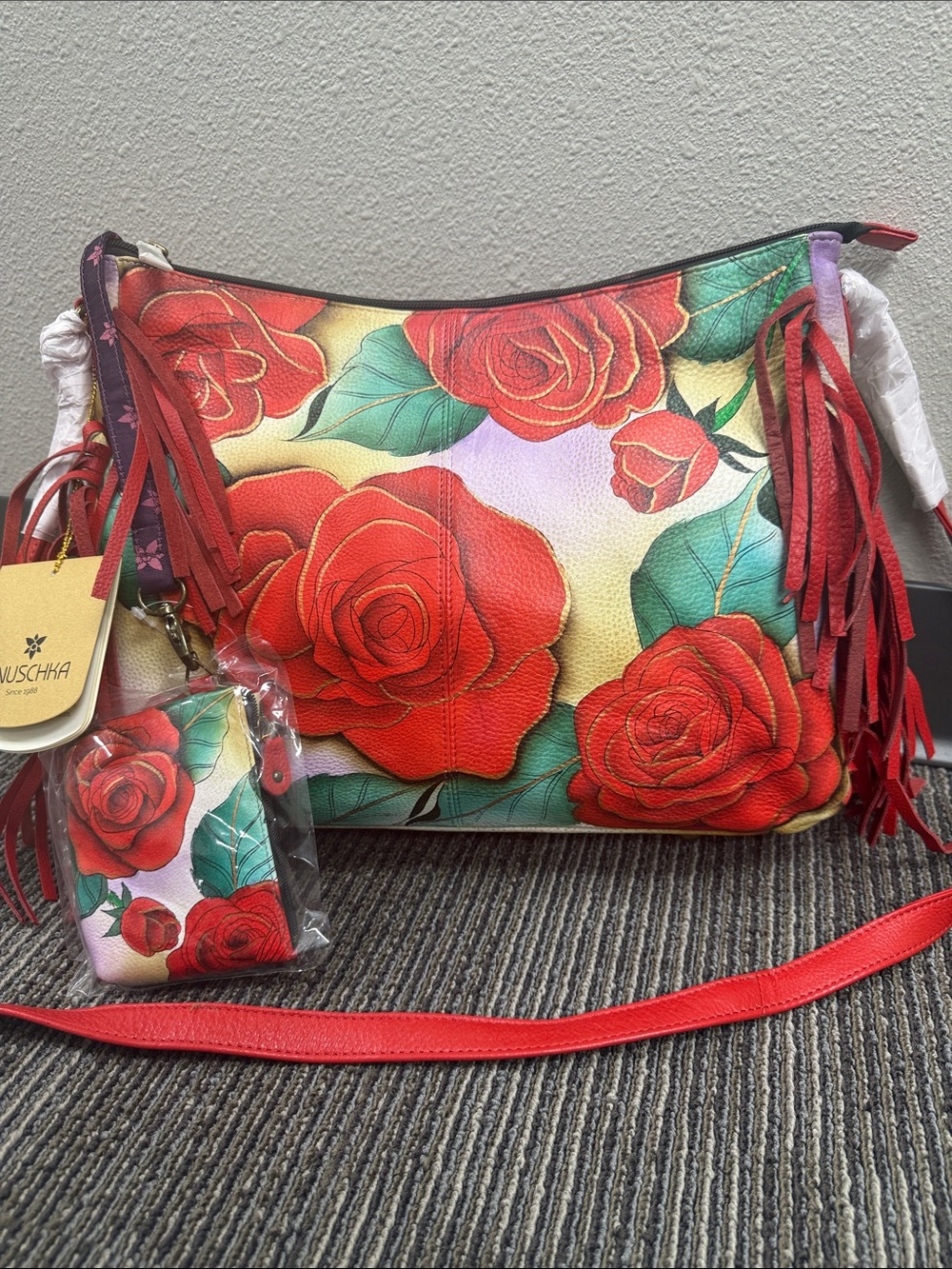 Anuschka Romantic Rose Floral Leather Crossbody with Fringe and Matching Pouch